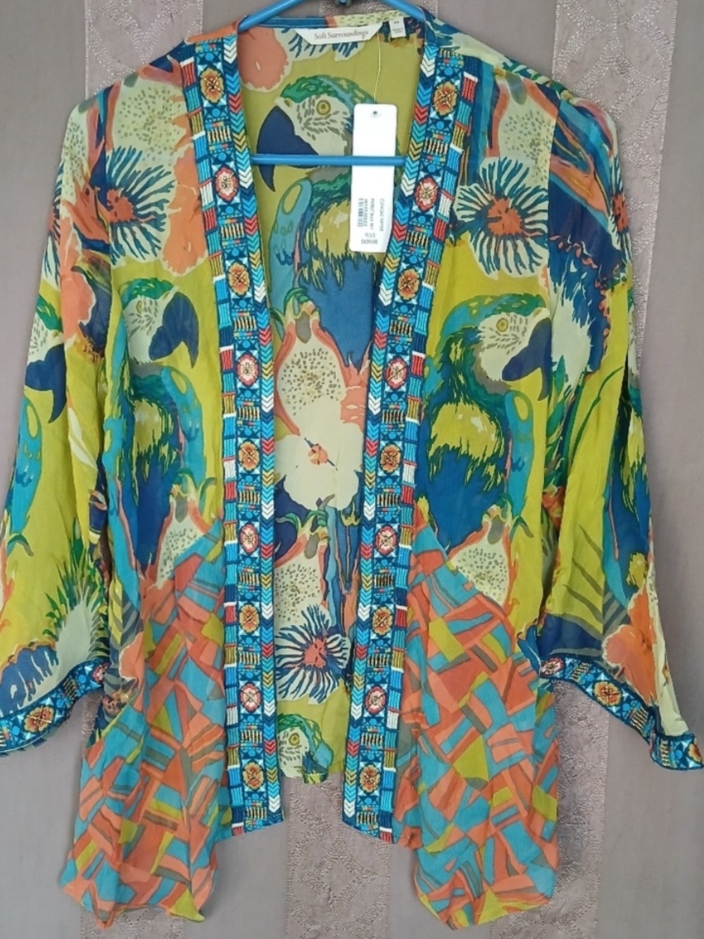 Stunning Soft Surroundings Multicolor Parrot Print Open-Front Kimono